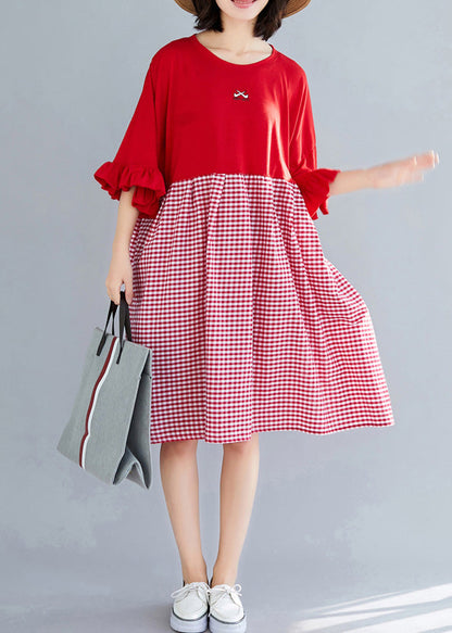Natural O Neck Butterfly Sleeve Cotton Clothes Omychic Outfits Red Plaid Short Dresses Summer