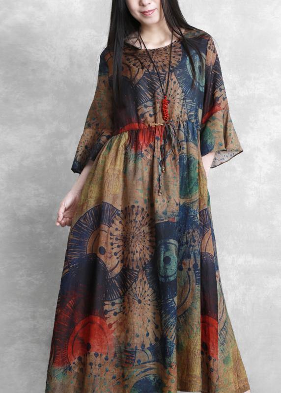 Natural O Neck Butterfly Sleeve Clothes for Sewing Chocolate Print Dresses