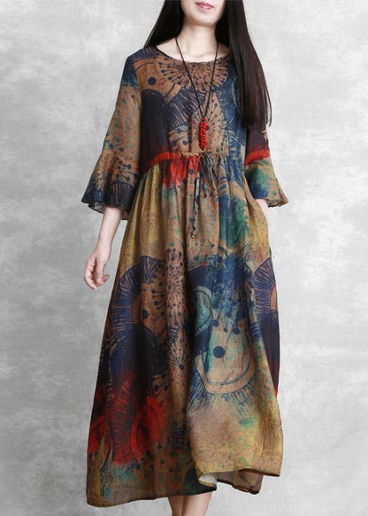 Natural O Neck Butterfly Sleeve Clothes for Sewing Chocolate Print Dresses