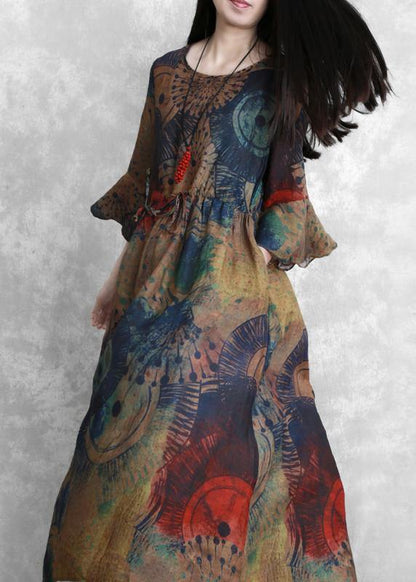 Natural O Neck Butterfly Sleeve Clothes for Sewing Chocolate Print Dresses