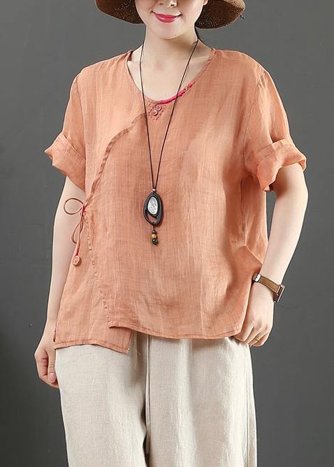 Natural O Neck Button Down Linen Tunic Pattern Inspiration Pink Tops