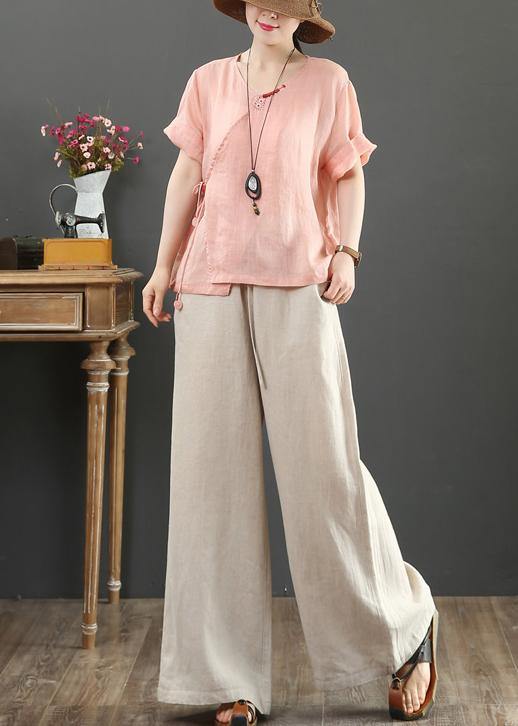 Natural O Neck Button Down Linen Tunic Pattern Inspiration Pink Tops