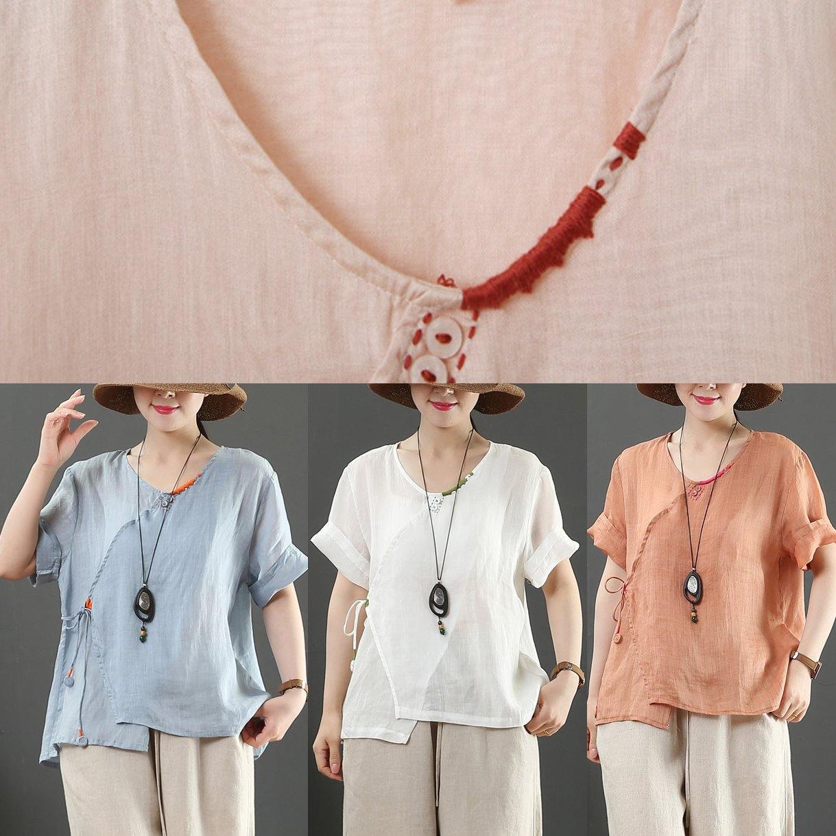 Natural O Neck Button Down Linen Tunic Pattern Inspiration Pink Tops