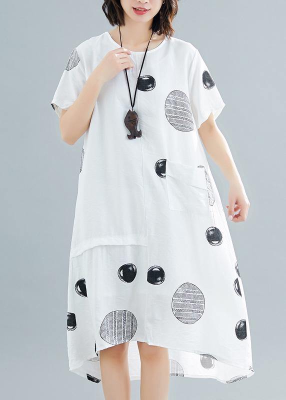 Natural O Neck Asymmetric Cotton Clothes Work White Dotted Traveling Dresses Summer