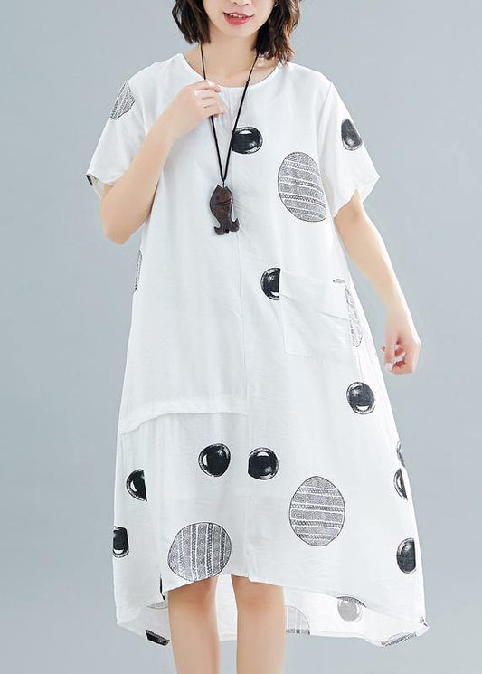Natural O Neck Asymmetric Cotton Clothes Work White Dotted Traveling Dresses Summer