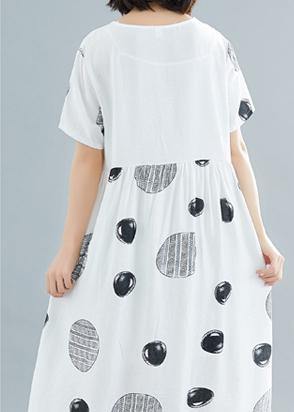 Natural O Neck Asymmetric Cotton Clothes Work White Dotted Traveling Dresses Summer