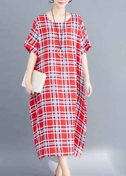 Natural O Neck Cotton Clothes for Fabrics Red Plaid Maxi Dress Summer