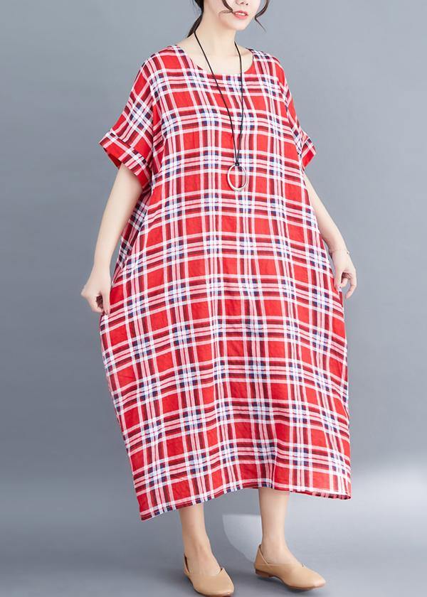 Natural O Neck Cotton Clothes for Fabrics Red Plaid Maxi Dress Summer