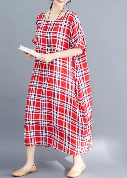 Natural O Neck Cotton Clothes for Fabrics Red Plaid Maxi Dress Summer