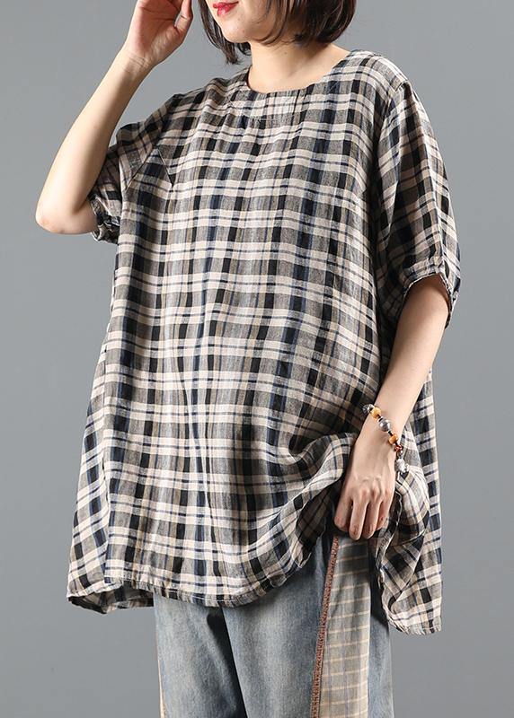 Natural O Neck Drawstring Summer Tunics for Shape Black Plaid Top