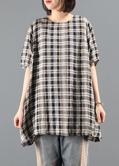 Natural O Neck Drawstring Summer Tunics for Shape Black Plaid Top