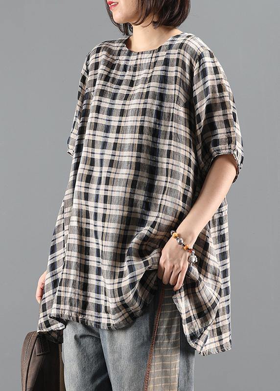 Natural O Neck Drawstring Summer Tunics for Shape Black Plaid Top