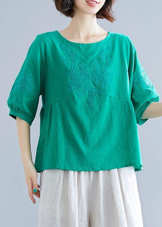 Natural O Neck Embroidery Cotton Clothes Outfits Green Blouses Summer