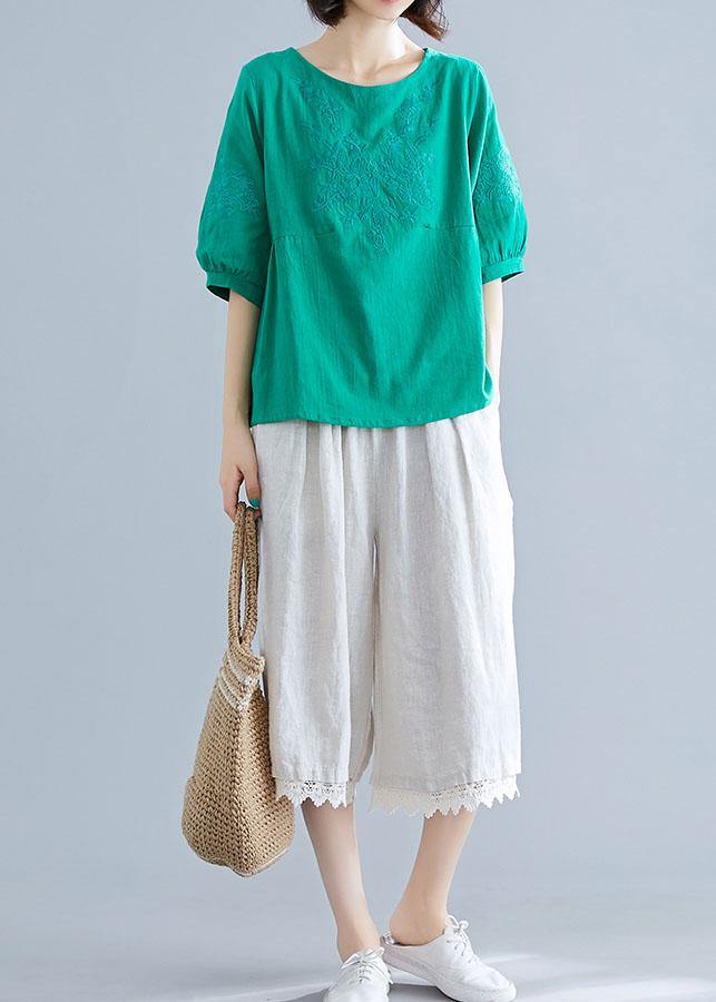 Natural O Neck Embroidery Cotton Clothes Outfits Green Blouses Summer
