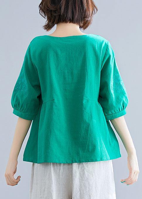 Natural O Neck Embroidery Cotton Clothes Outfits Green Blouses Summer