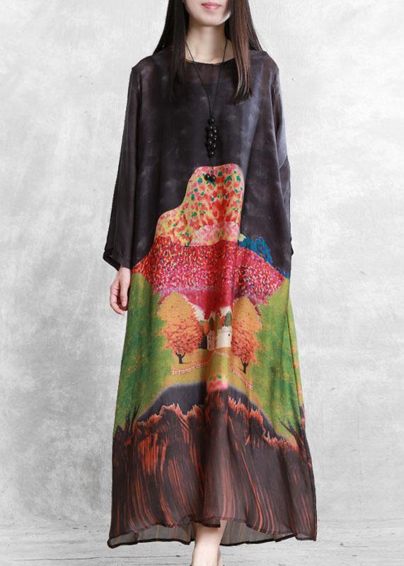 Natural O Neck Fall Tunics Catwalk Black Print Robe Dresses