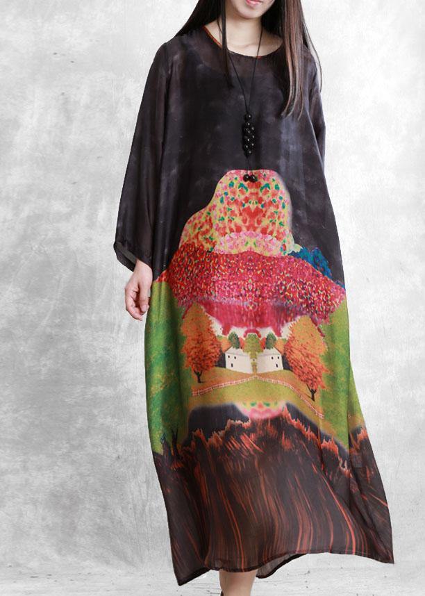 Natural O Neck Fall Tunics Catwalk Black Print Robe Dresses