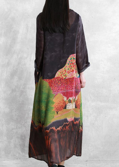 Natural O Neck Fall Tunics Catwalk Black Print Robe Dresses
