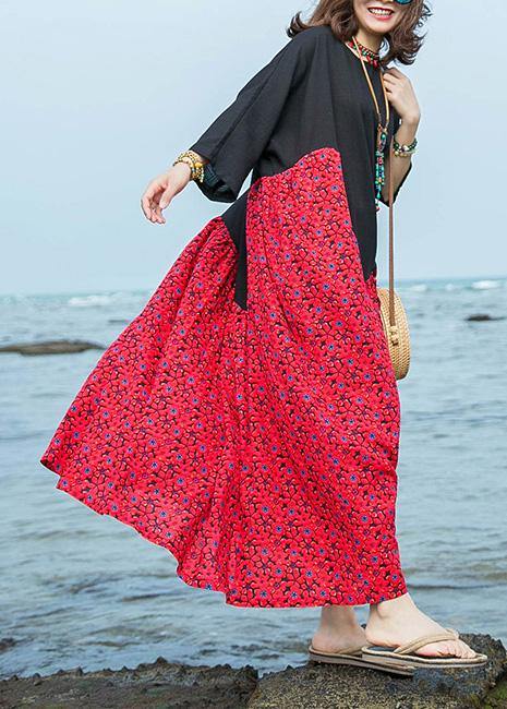 Natural O Neck Large Hem Cotton Linen Dresses Black Patchwork Red Print Dresses Summer