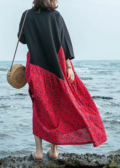 Natural O Neck Large Hem Cotton Linen Dresses Black Patchwork Red Print Dresses Summer