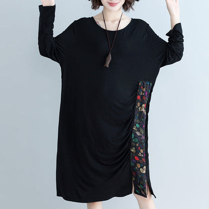 Natural O Neck Patchwork Cotton Blended Tunics Work Black Knee Dress