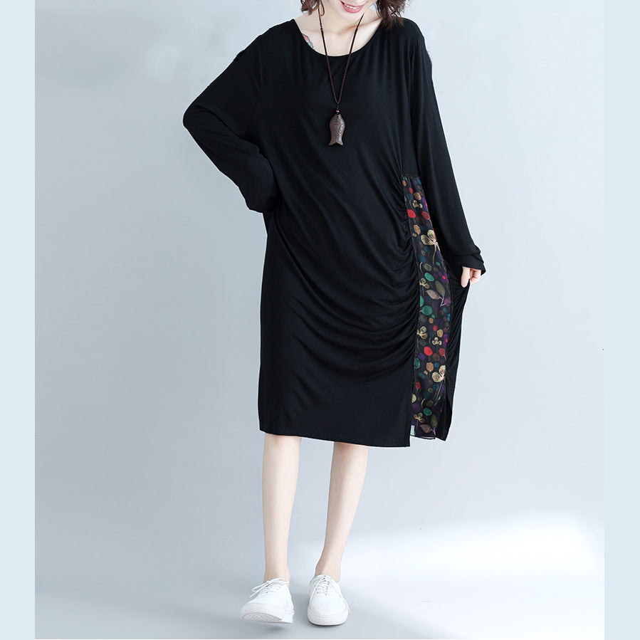 Natural O Neck Patchwork Cotton Blended Tunics Work Black Knee Dress