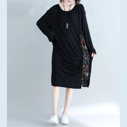 Natural O Neck Patchwork Cotton Blended Tunics Work Black Knee Dress