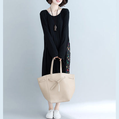 Natural O Neck Patchwork Cotton Blended Tunics Work Black Knee Dress