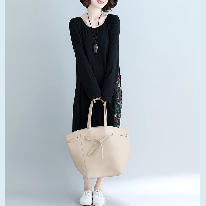 Natural O Neck Patchwork Cotton Blended Tunics Work Black Knee Dress
