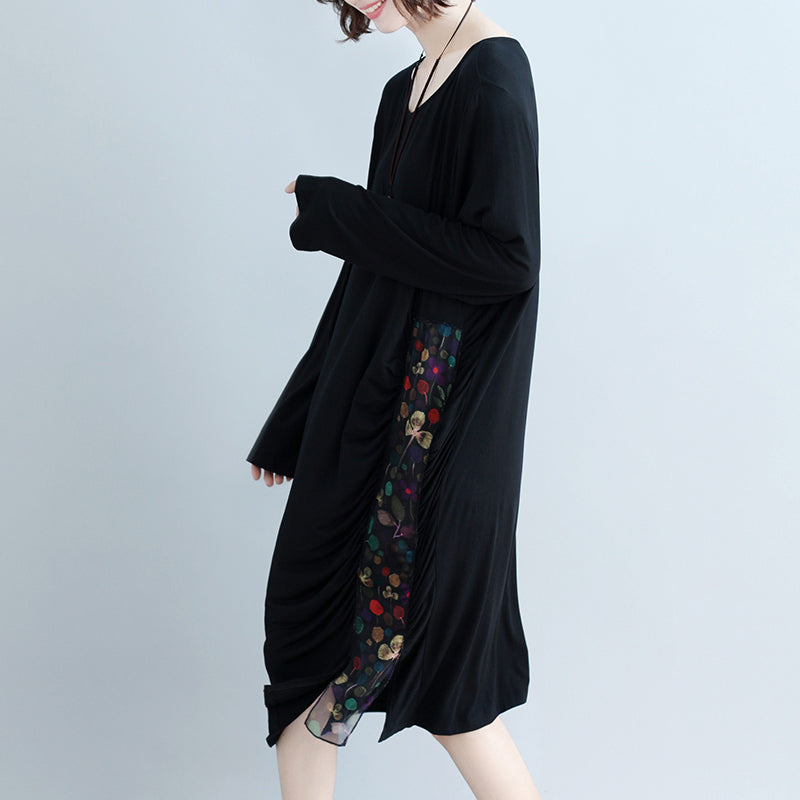 Natural O Neck Patchwork Cotton Blended Tunics Work Black Knee Dress