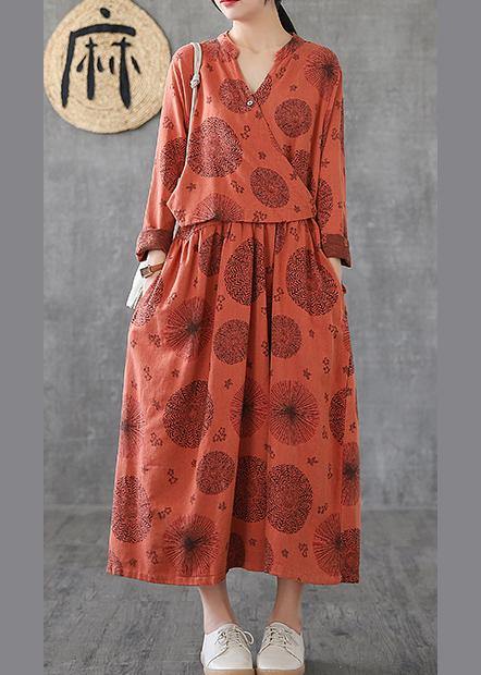 Natural O Neck Patchwork Cotton Tunics Orange Embroidery Long Dress