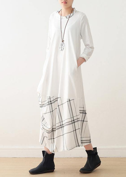 Natural O Neck Patchwork Cotton Outfit Pattern White Long Dress