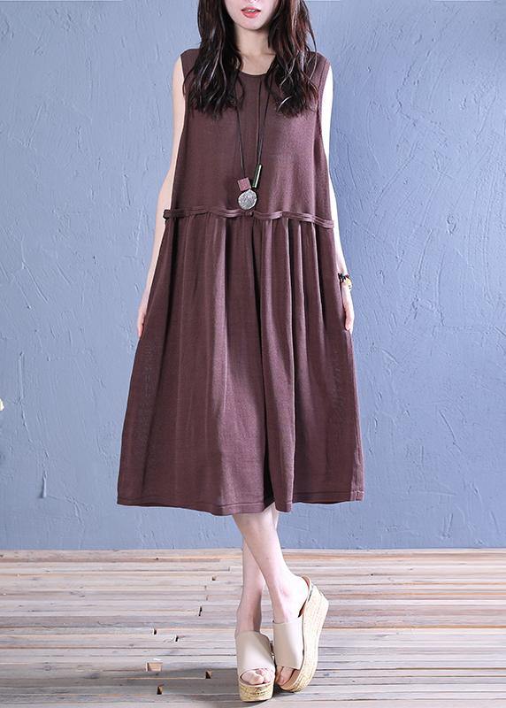 Natural O Neck Patchwork Linen Summer Dresses Christmas Gifts Chocolate Dress
