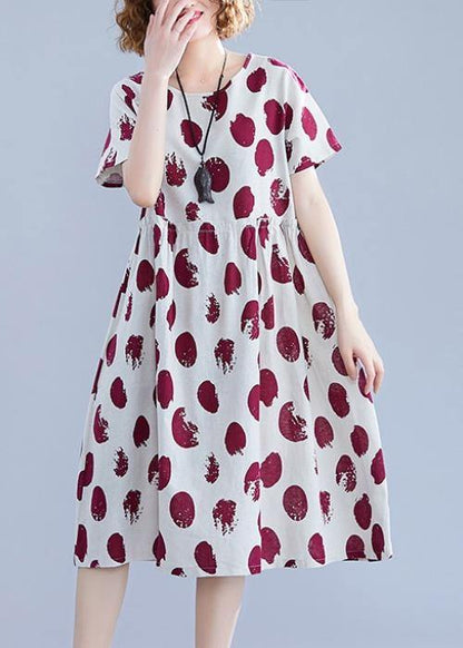 Natural O Neck Short Sleeve Cotton Quilting Clothes Shape Red Dotted Dresses