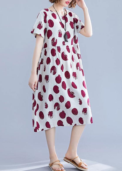 Natural O Neck Short Sleeve Cotton Quilting Clothes Shape Red Dotted Dresses