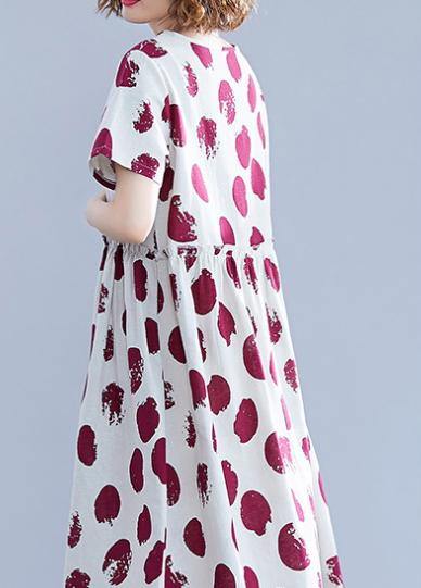 Natural O Neck Short Sleeve Cotton Quilting Clothes Shape Red Dotted Dresses
