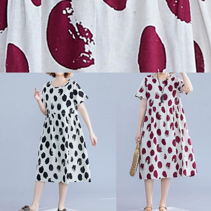 Natural O Neck Short Sleeve Cotton Quilting Clothes Shape Red Dotted Dresses