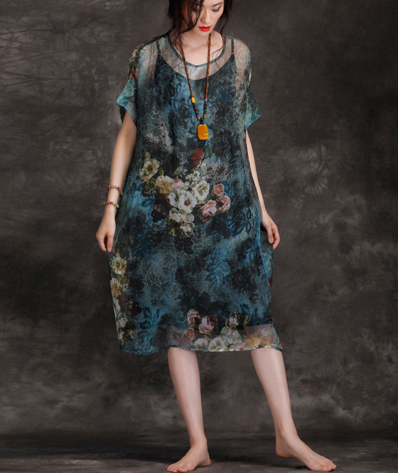 Natural O Neck Chiffon Dresses Ideas Blue Print Loose Dress Summer
