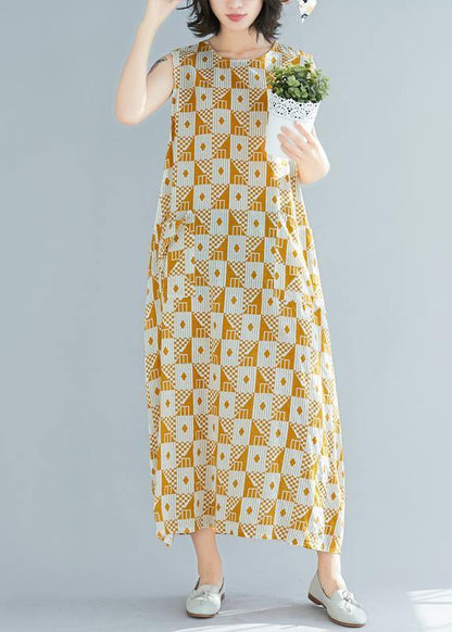 Natural O Neck Sleeveless Cotton Summer Clothes Yellow Geometric Kaftan Dresses