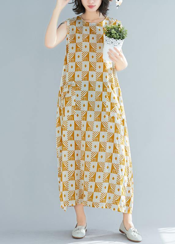 Natural O Neck Sleeveless Cotton Summer Clothes Yellow Geometric Kaftan Dresses
