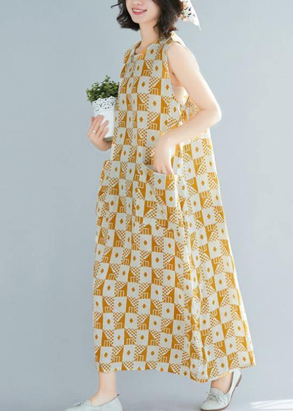 Natural O Neck Sleeveless Cotton Summer Clothes Yellow Geometric Kaftan Dresses
