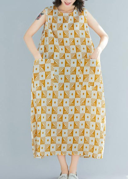 Natural O Neck Sleeveless Cotton Summer Clothes Yellow Geometric Kaftan Dresses