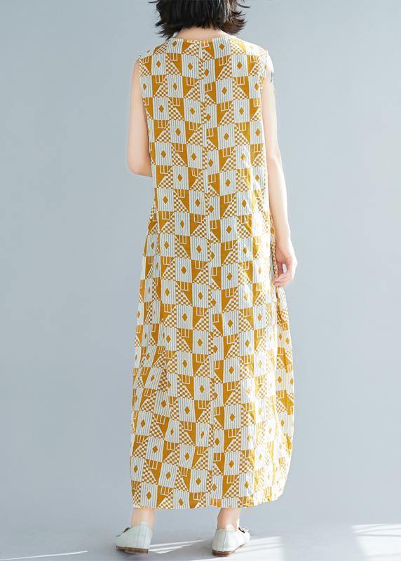 Natural O Neck Sleeveless Cotton Summer Clothes Yellow Geometric Kaftan Dresses