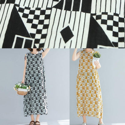 Natural O Neck Sleeveless Cotton Summer Clothes Yellow Geometric Kaftan Dresses