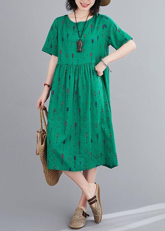 Natural O Neck Summer Sewing Green Print Long Dress
