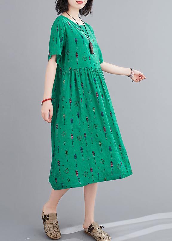 Natural O Neck Summer Sewing Green Print Long Dress