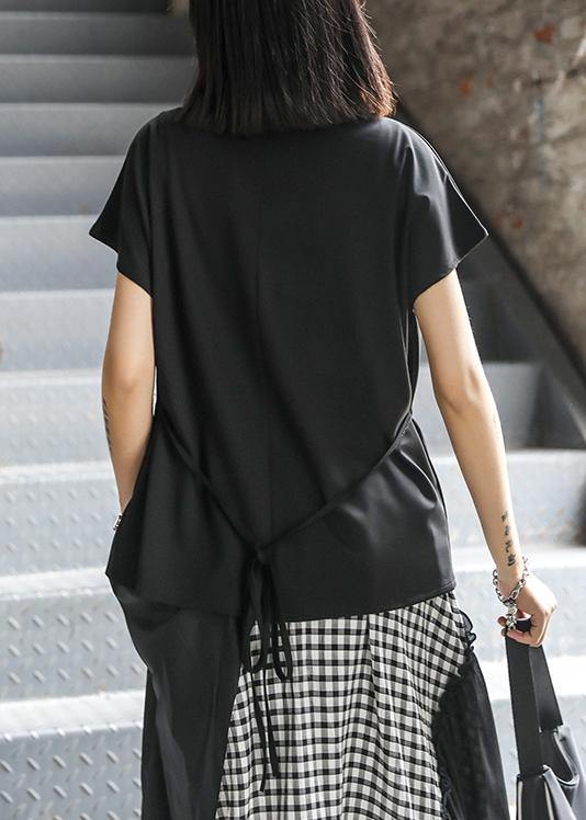 Natural O Neck Tie Waist Blouse Neckline Black Shirt