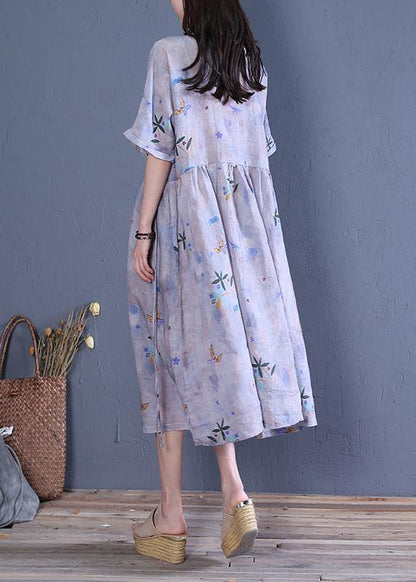 Natural O Neck Tie Waist Linen Clothes for Fabrics Gray Print Dresses