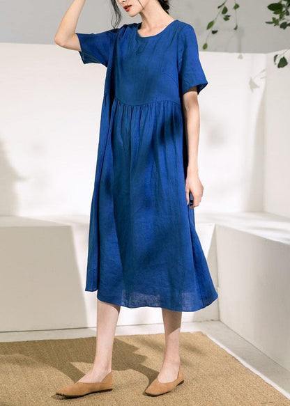 Natural O Neck Cinched Linen Summer Dresses Fabrics Blue Dress