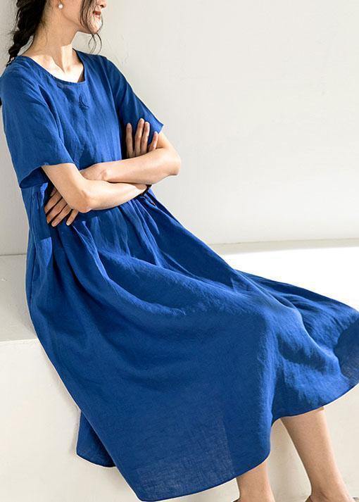 Natural O Neck Cinched Linen Summer Dresses Fabrics Blue Dress